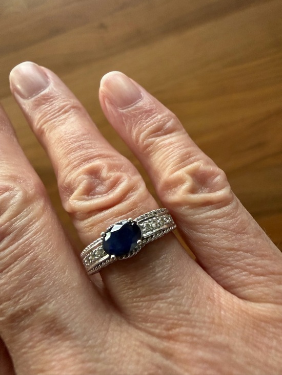 Jewelry - 10K White Gold Blue Sapphire & Diamond Cocktail Ring with Filigree Accents